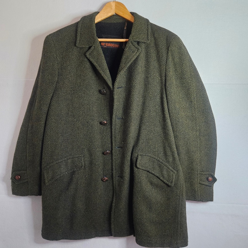 Vintage McGregor Mens Green Herringbone Wool Car Coat Faux Fur Lined Jacket 38